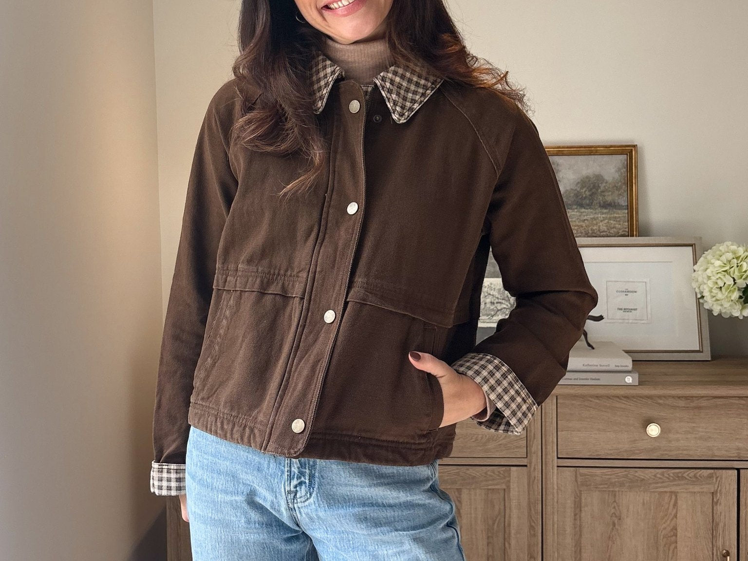 The'Coffee Before Anything' Gingham Collar Contrast Snap Button Jacket - Love and Lee Apparel