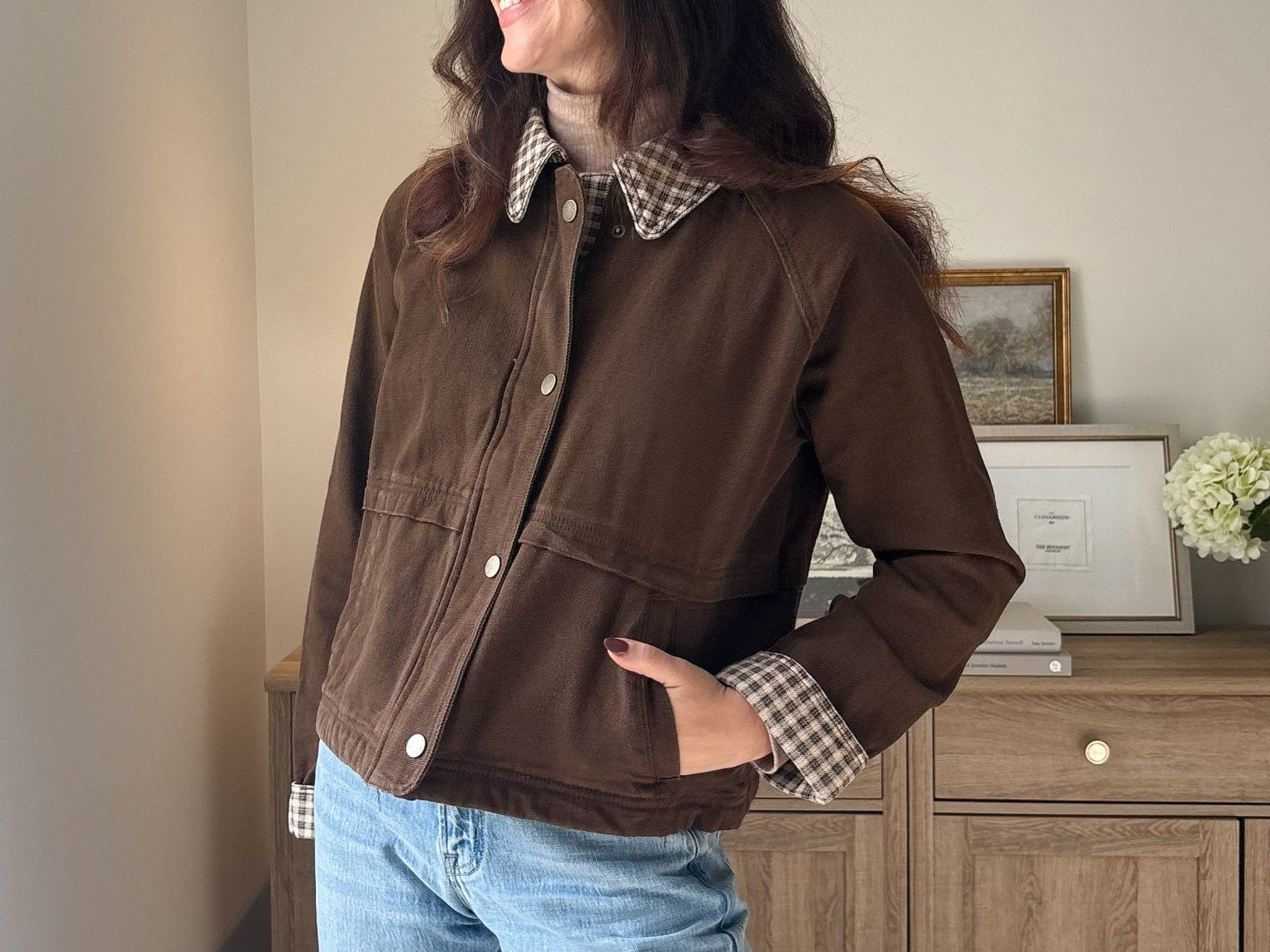 The'Coffee Before Anything' Gingham Collar Contrast Snap Button Jacket - Love and Lee Apparel