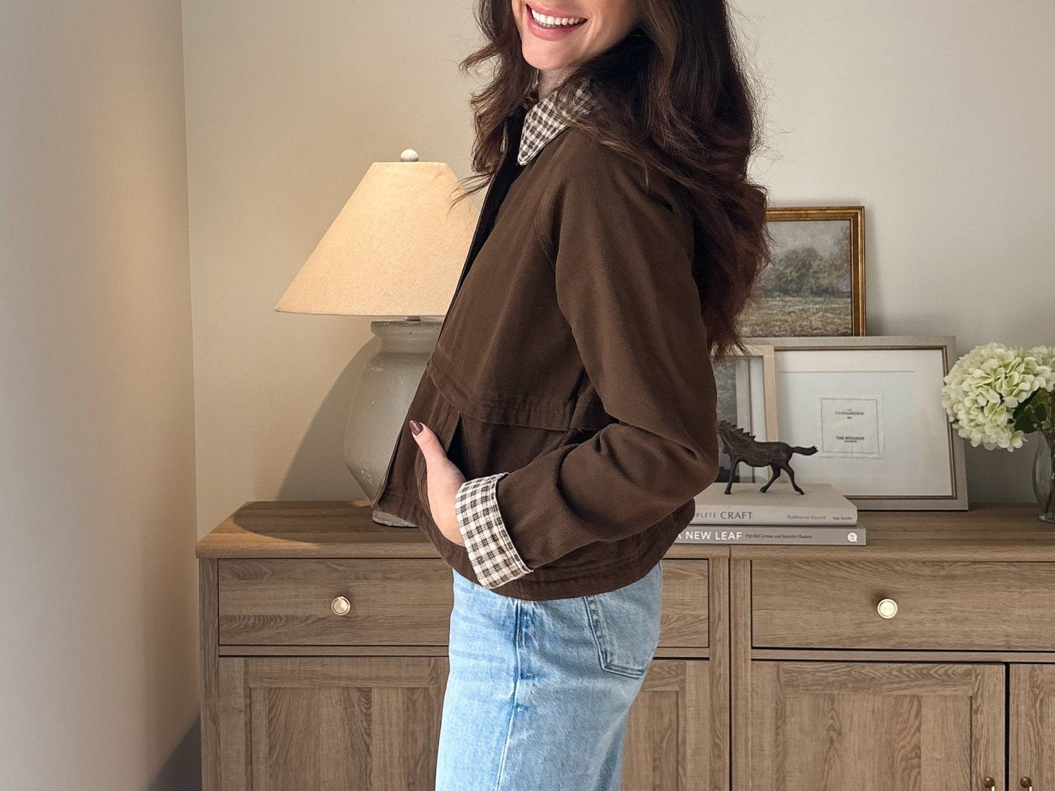 The'Coffee Before Anything' Gingham Collar Contrast Snap Button Jacket - Love and Lee Apparel