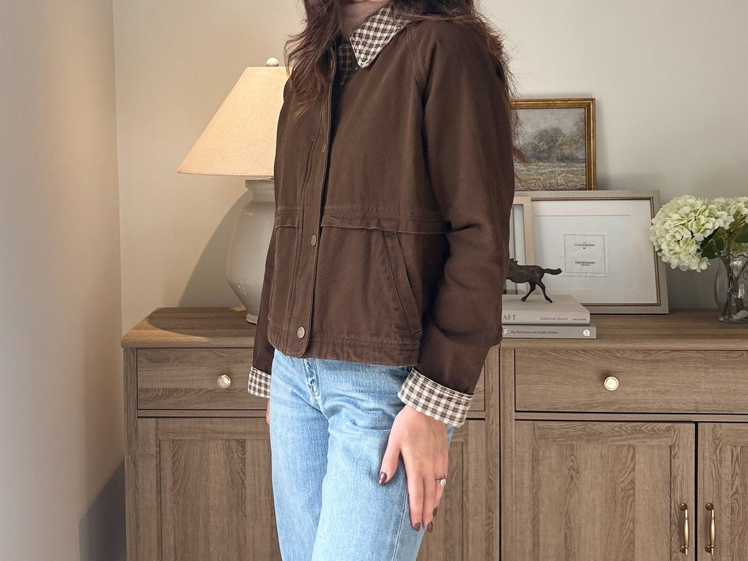 The'Coffee Before Anything' Gingham Collar Contrast Snap Button Jacket - Love and Lee Apparel