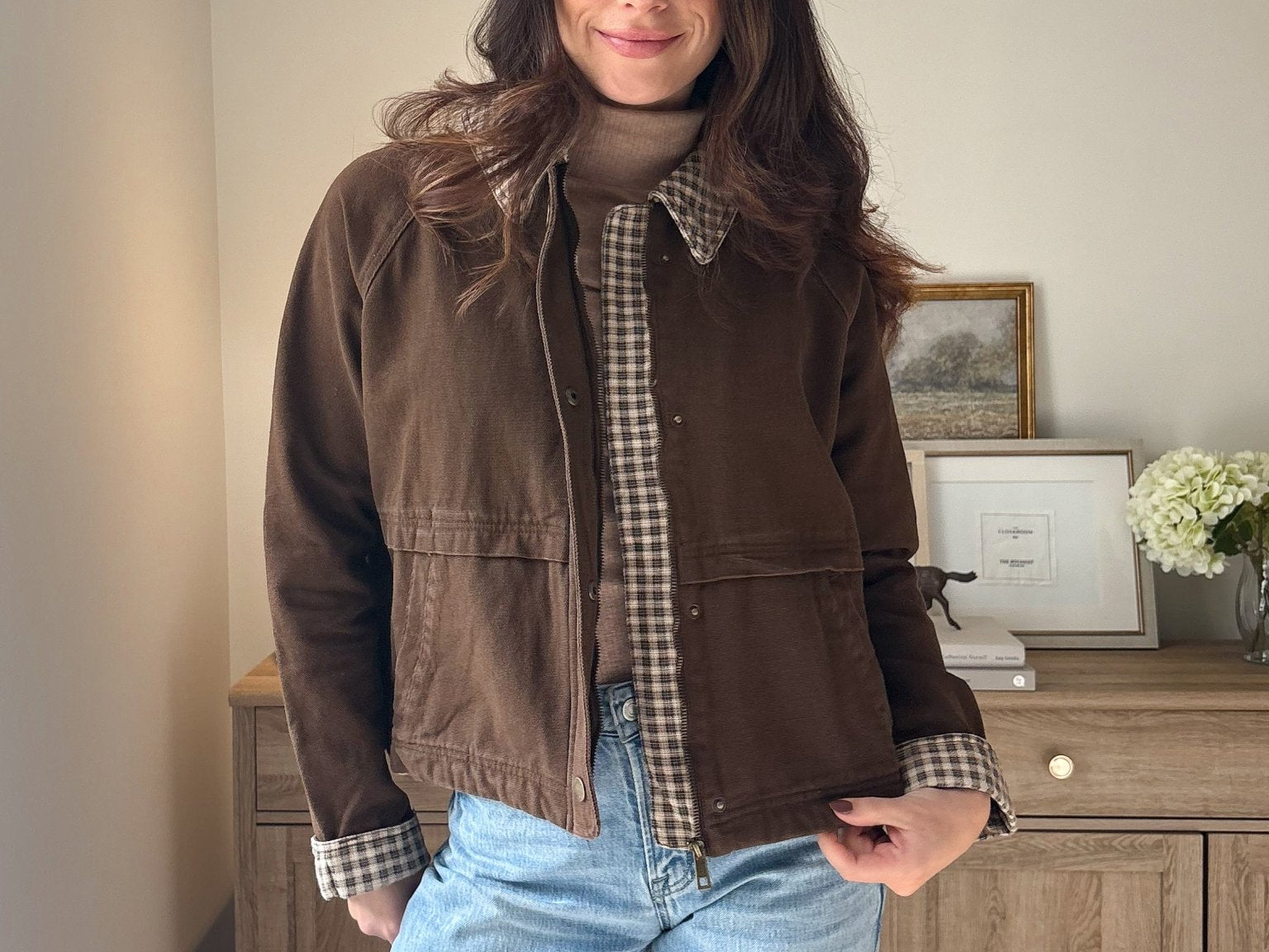 The'Coffee Before Anything' Gingham Collar Contrast Snap Button Jacket - Love and Lee Apparel