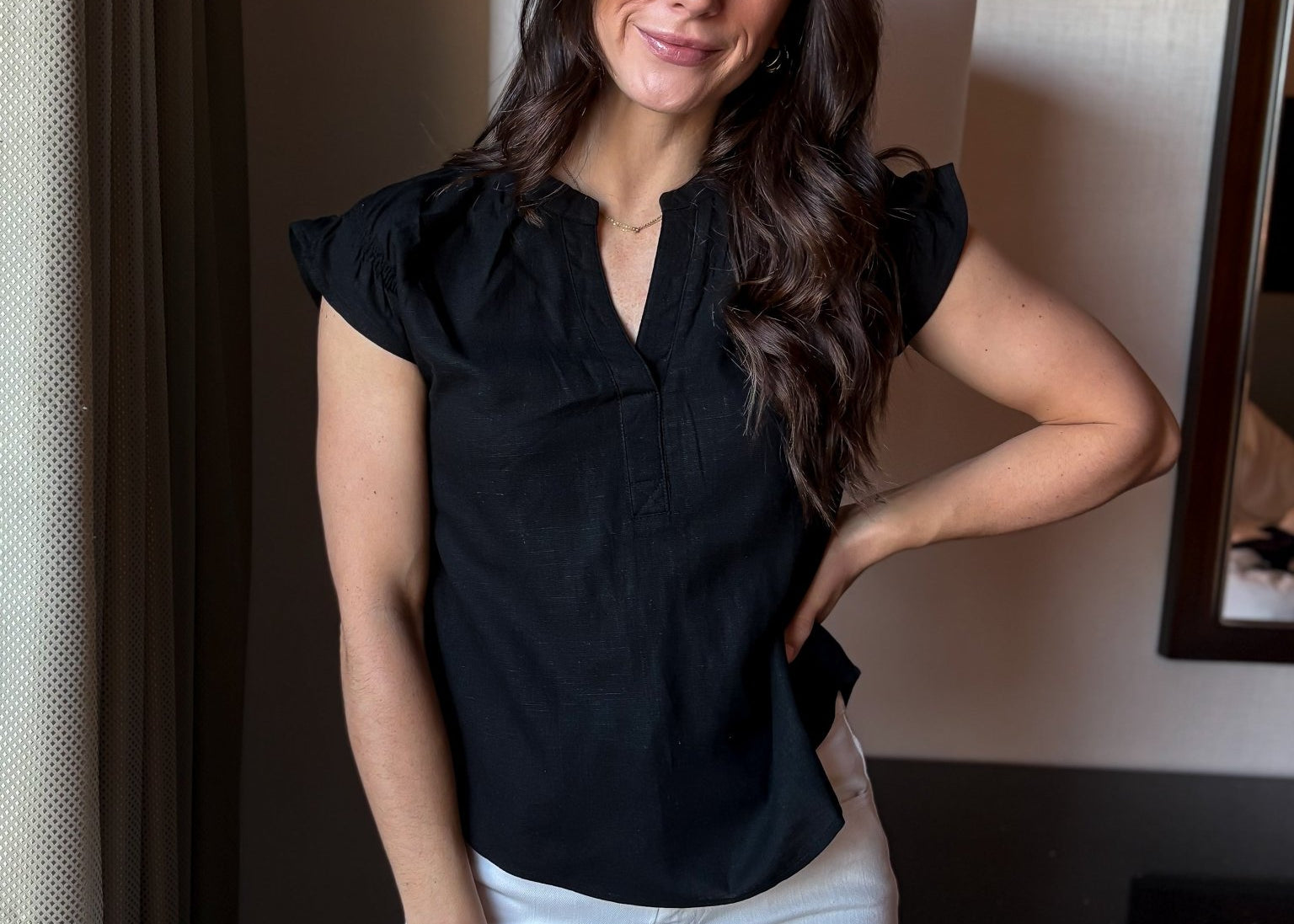 Split Neck Ruched Sleeve Blouse - Love and Lee Apparel