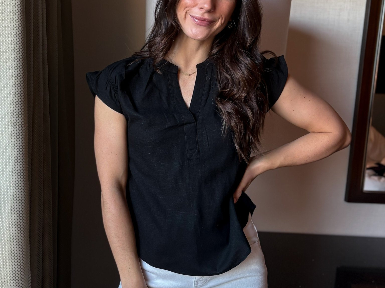 Split Neck Ruched Sleeve Blouse - Love and Lee Apparel