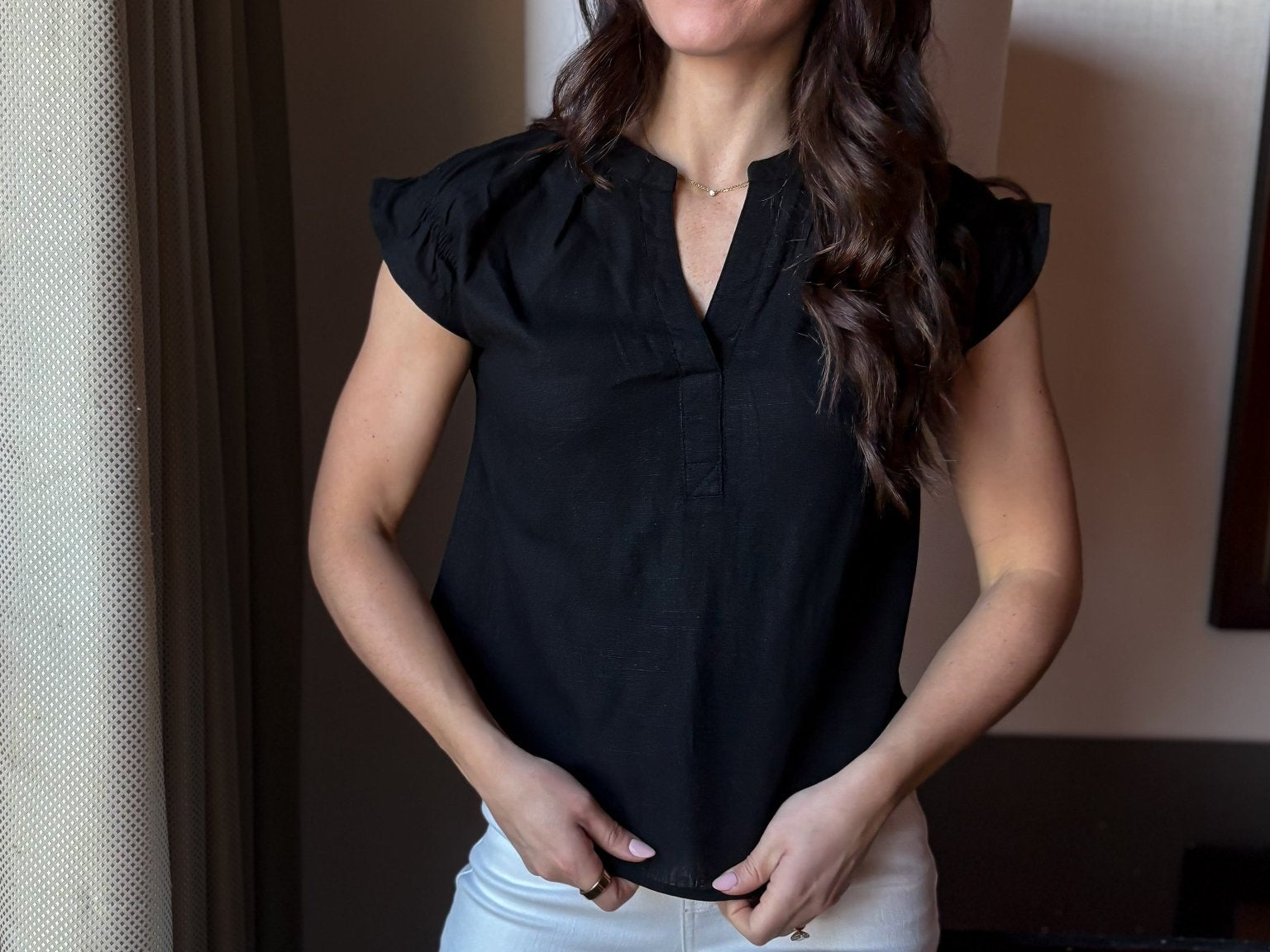 Split Neck Ruched Sleeve Blouse - Love and Lee Apparel