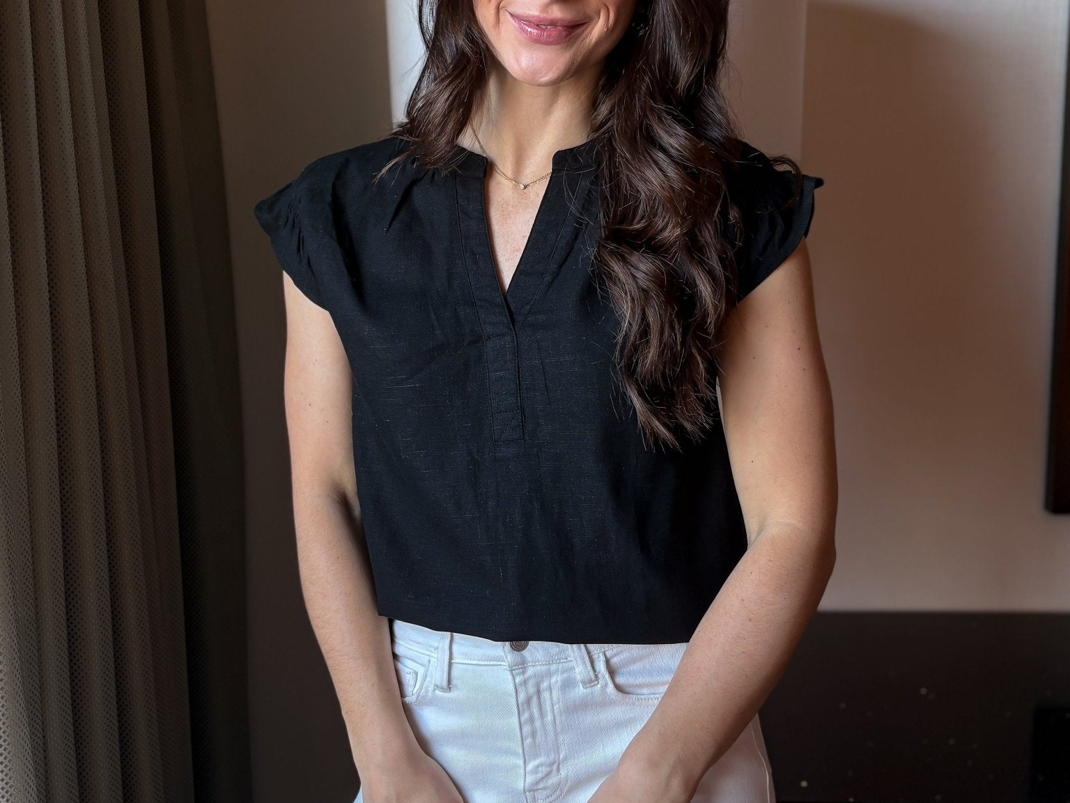 Split Neck Ruched Sleeve Blouse - Love and Lee Apparel