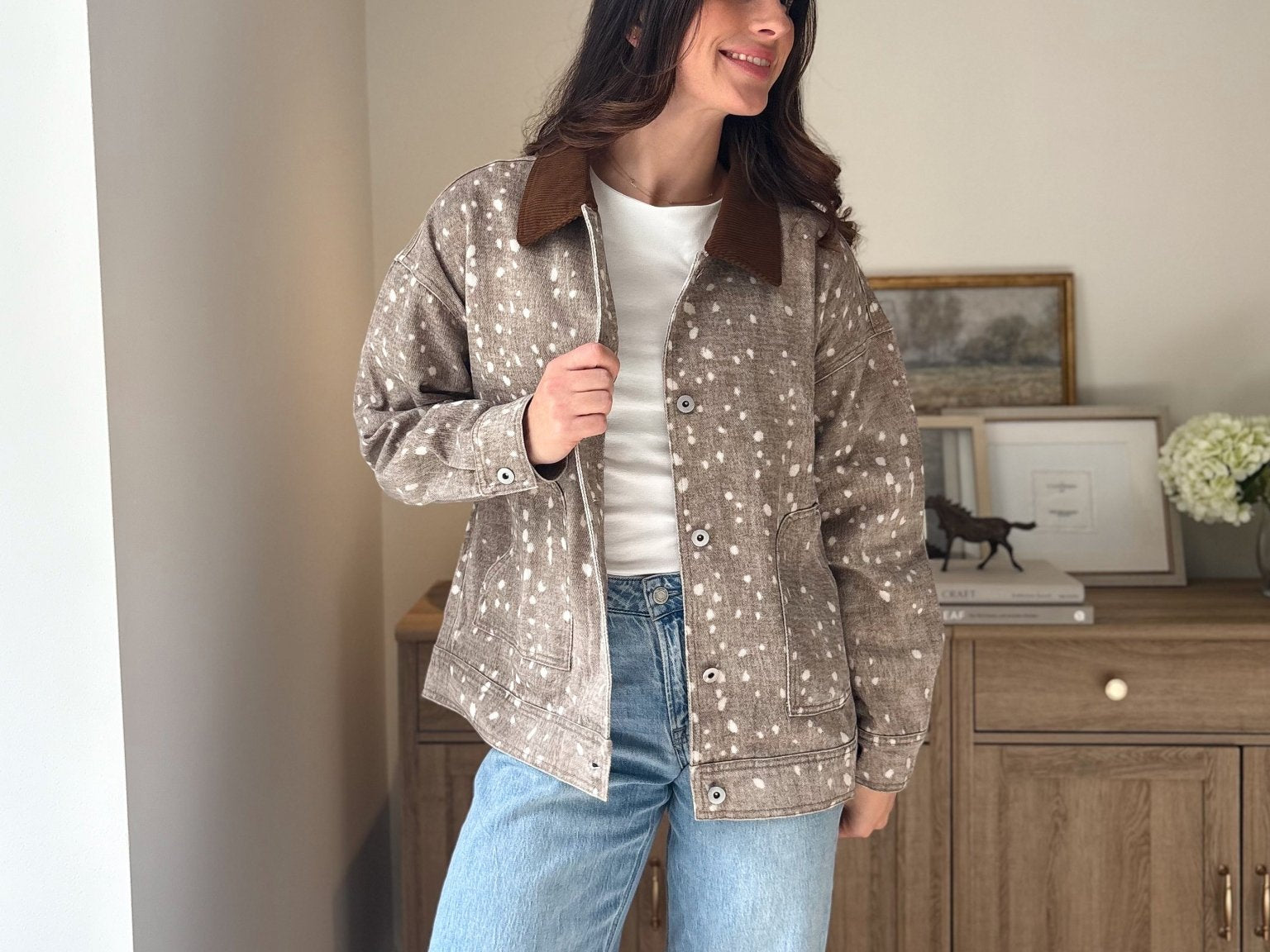 The 'Fawn' Animal Print Jacket with Corduroy Collar - Love and Lee Apparel