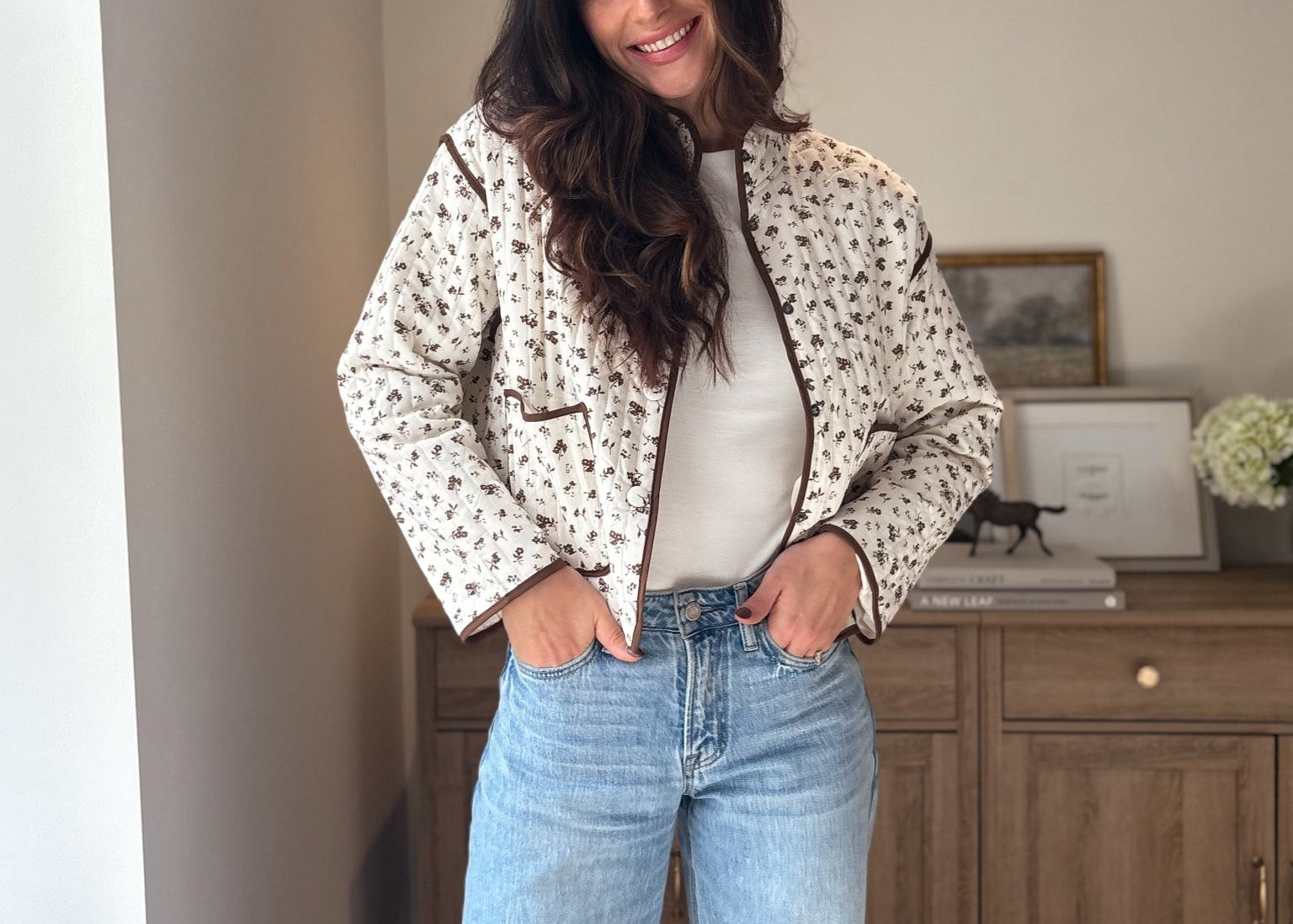 The 'Village Cafe' Floral Print Snap Button Quilted Jacket - Love and Lee Apparel