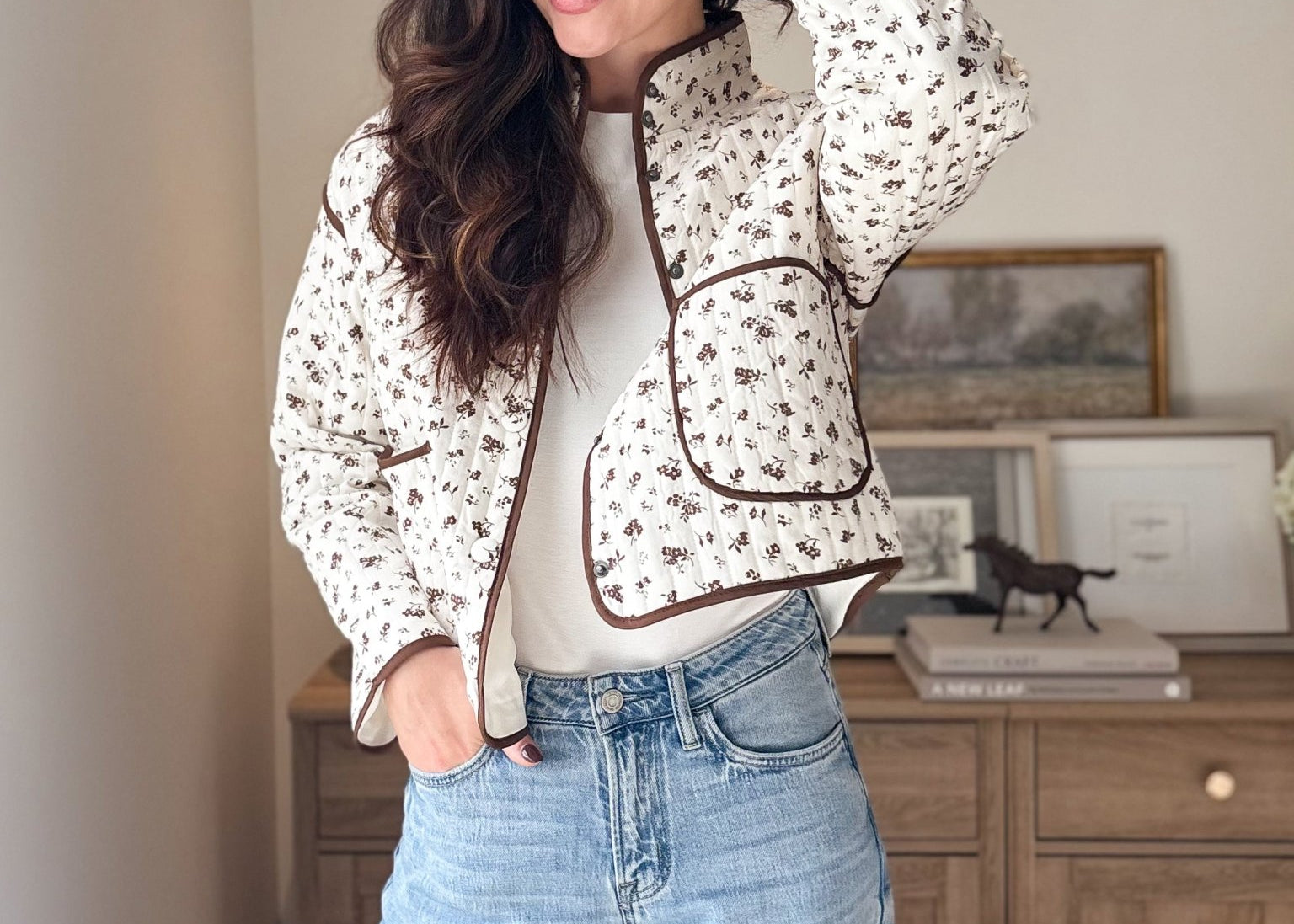 The 'Village Cafe' Floral Print Snap Button Quilted Jacket - Love and Lee Apparel