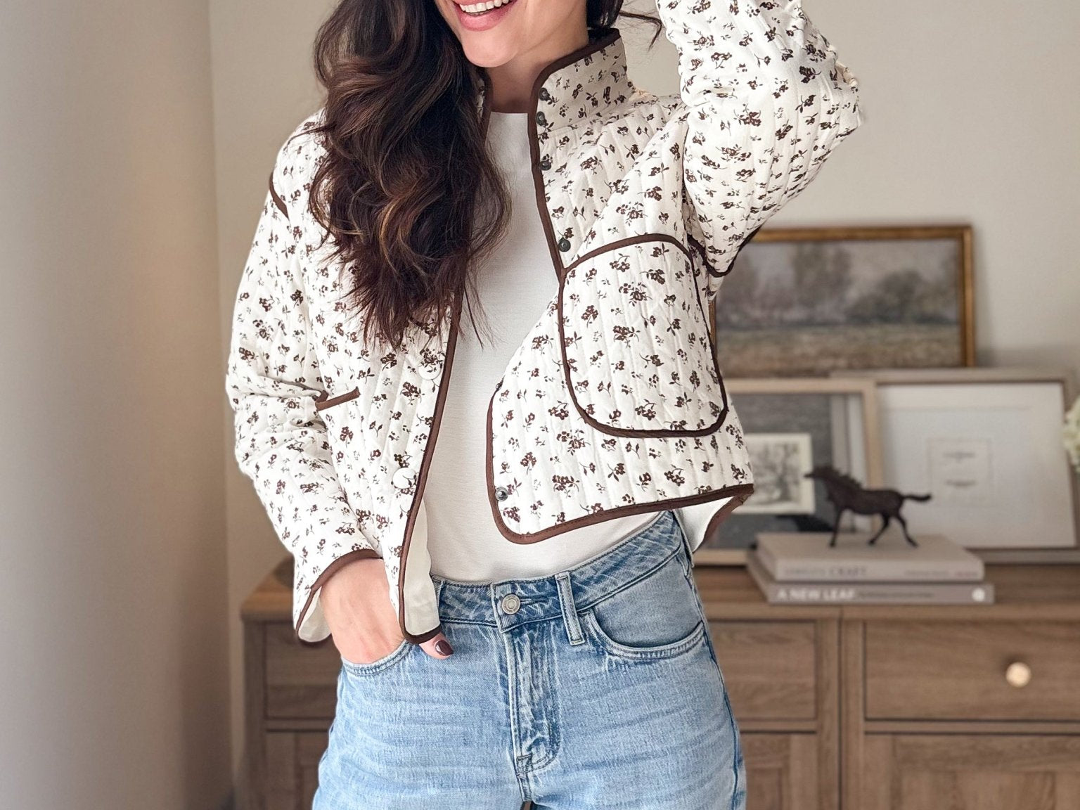The 'Village Cafe' Floral Print Snap Button Quilted Jacket - Love and Lee Apparel