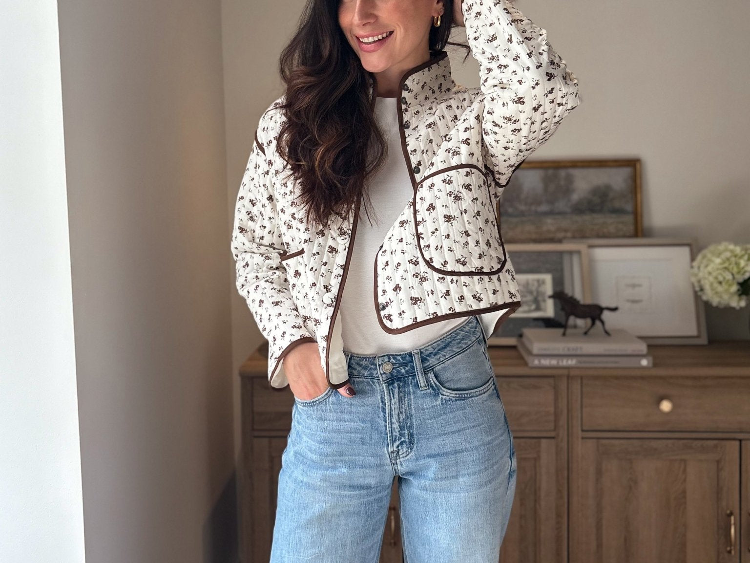 The 'Village Cafe' Floral Print Snap Button Quilted Jacket - Love and Lee Apparel