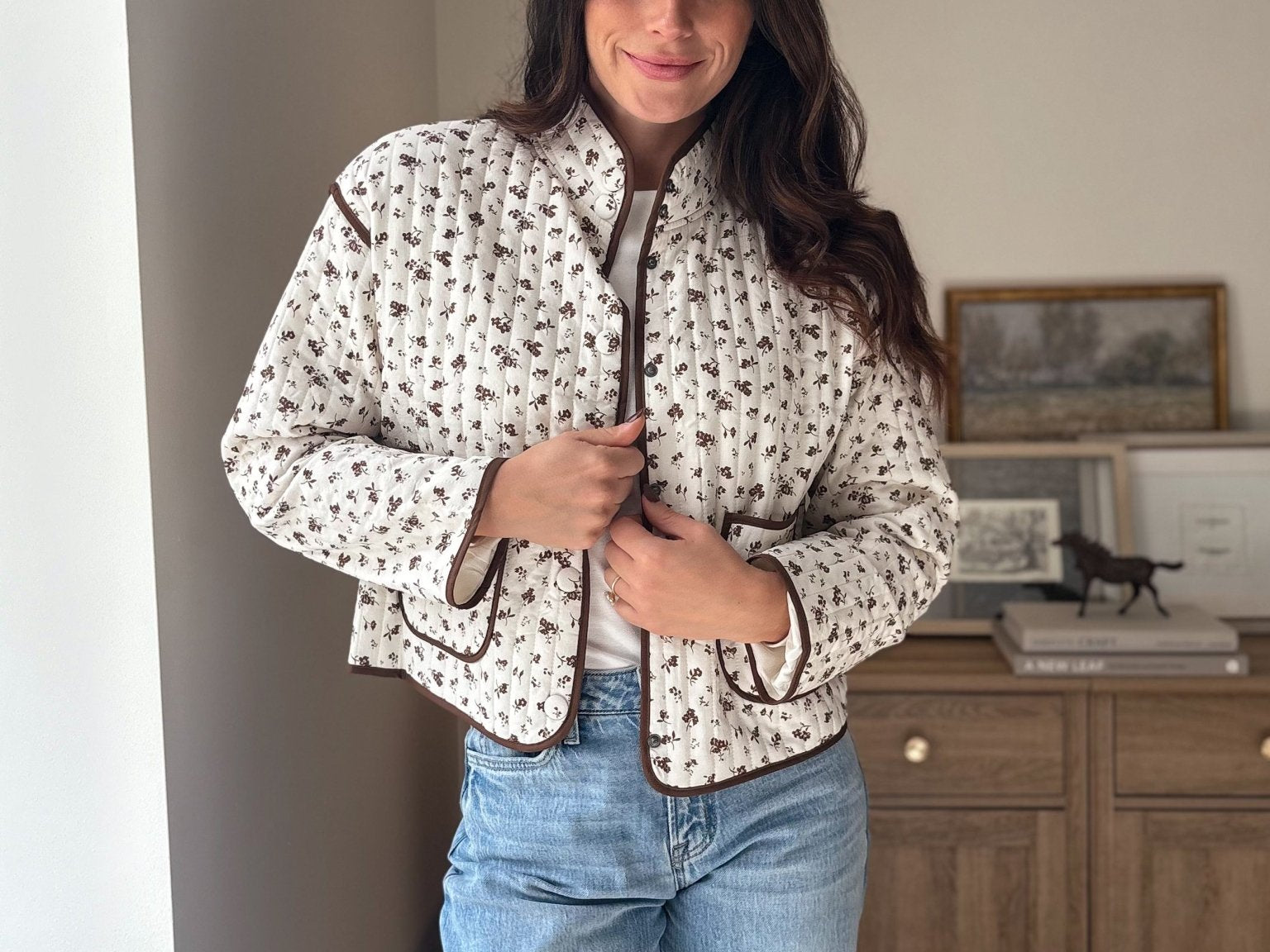 The 'Village Cafe' Floral Print Snap Button Quilted Jacket - Love and Lee Apparel