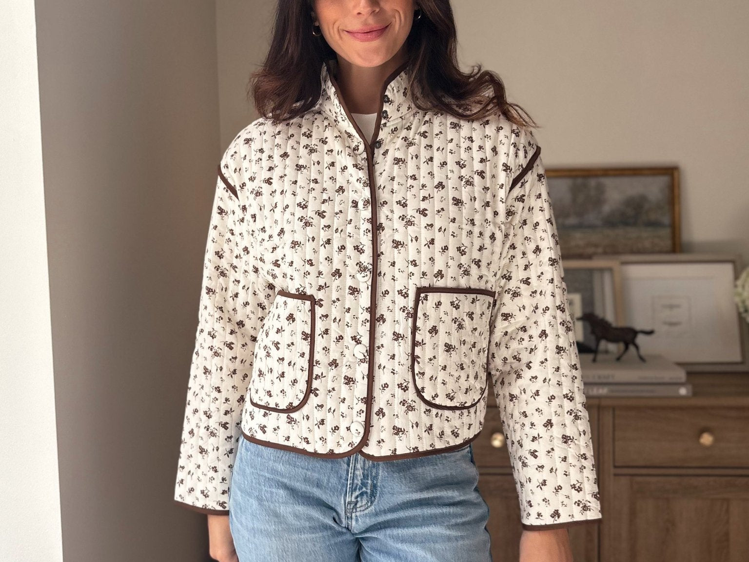 The 'Village Cafe' Floral Print Snap Button Quilted Jacket - Love and Lee Apparel