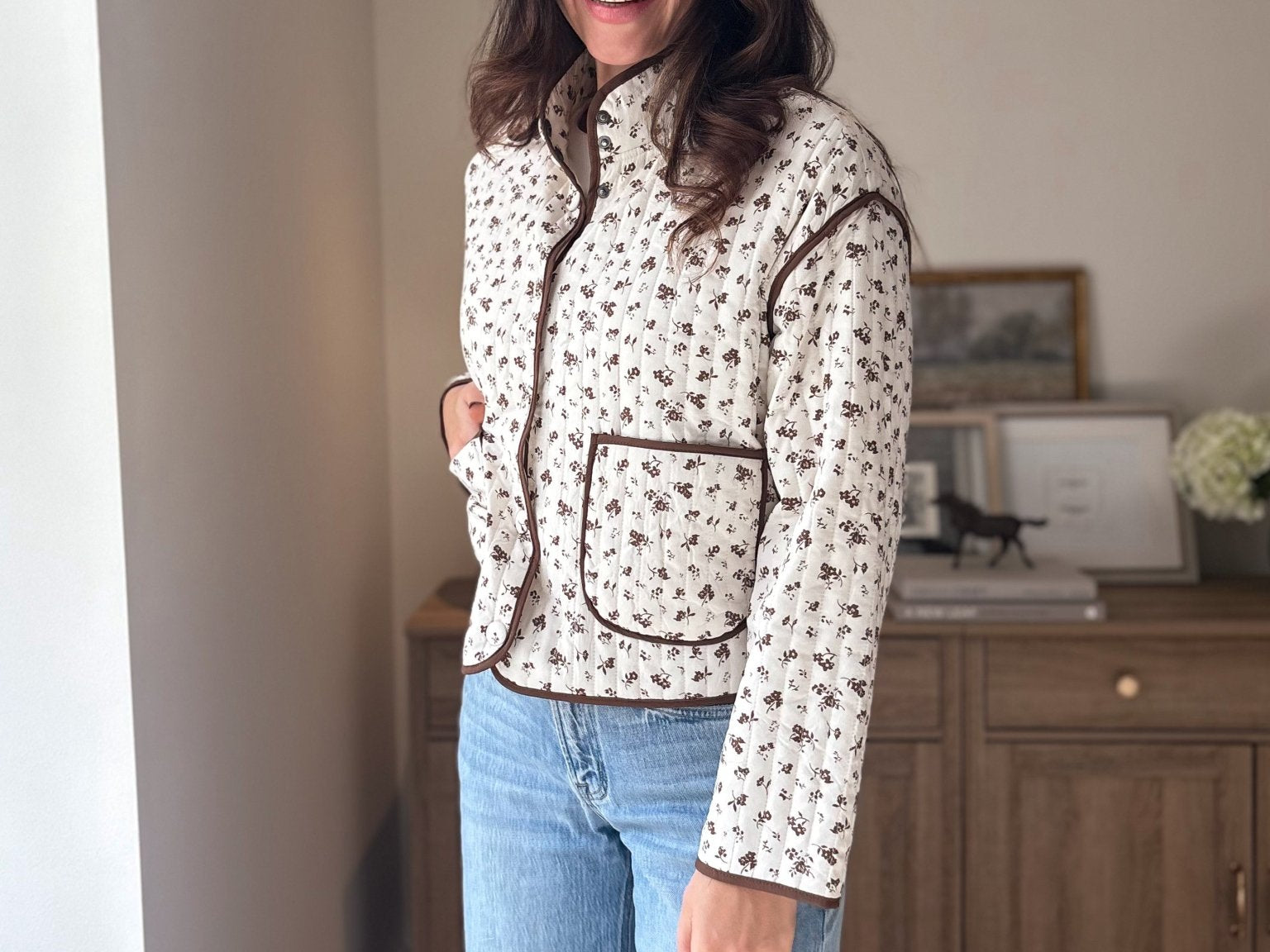 The 'Village Cafe' Floral Print Snap Button Quilted Jacket - Love and Lee Apparel
