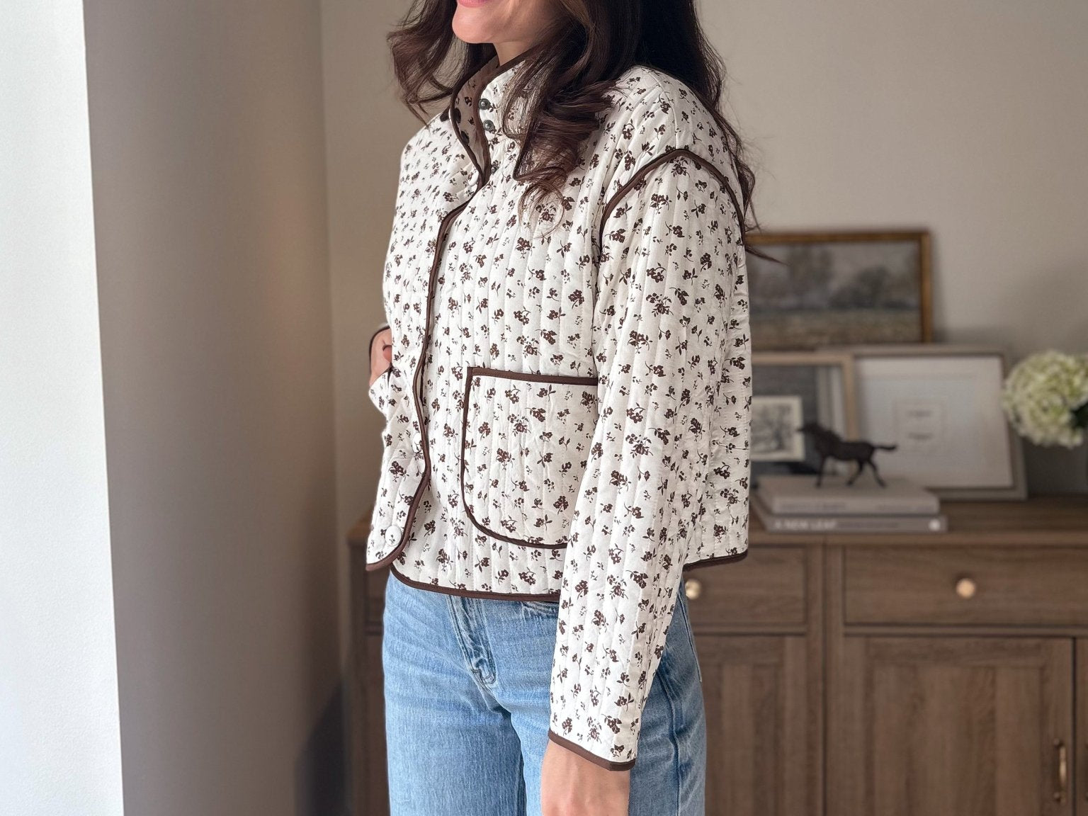 The 'Village Cafe' Floral Print Snap Button Quilted Jacket - Love and Lee Apparel