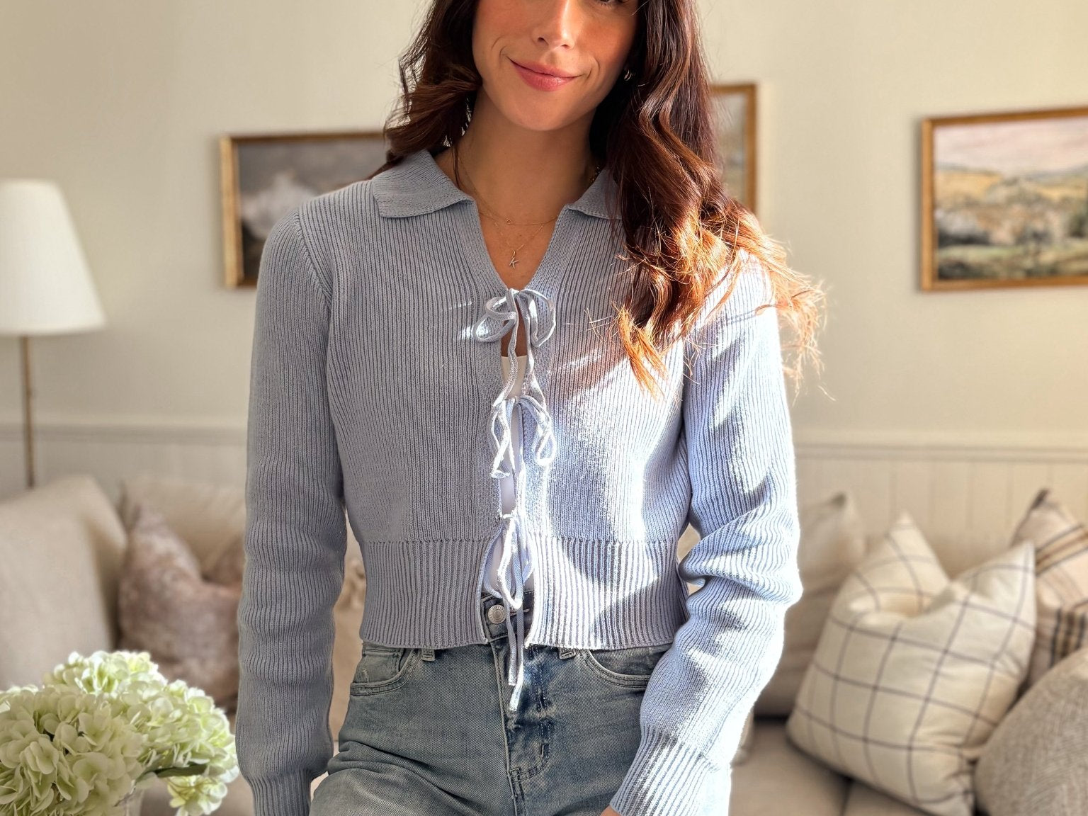 The Mimi Collared Front Tie Detail Cropped Knit Cardigan - Love and Lee Apparel