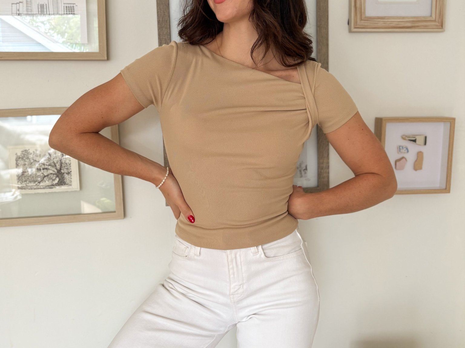 Asymmetrical Ruched Neckline Short Sleeve Top - Love and Lee Apparel
