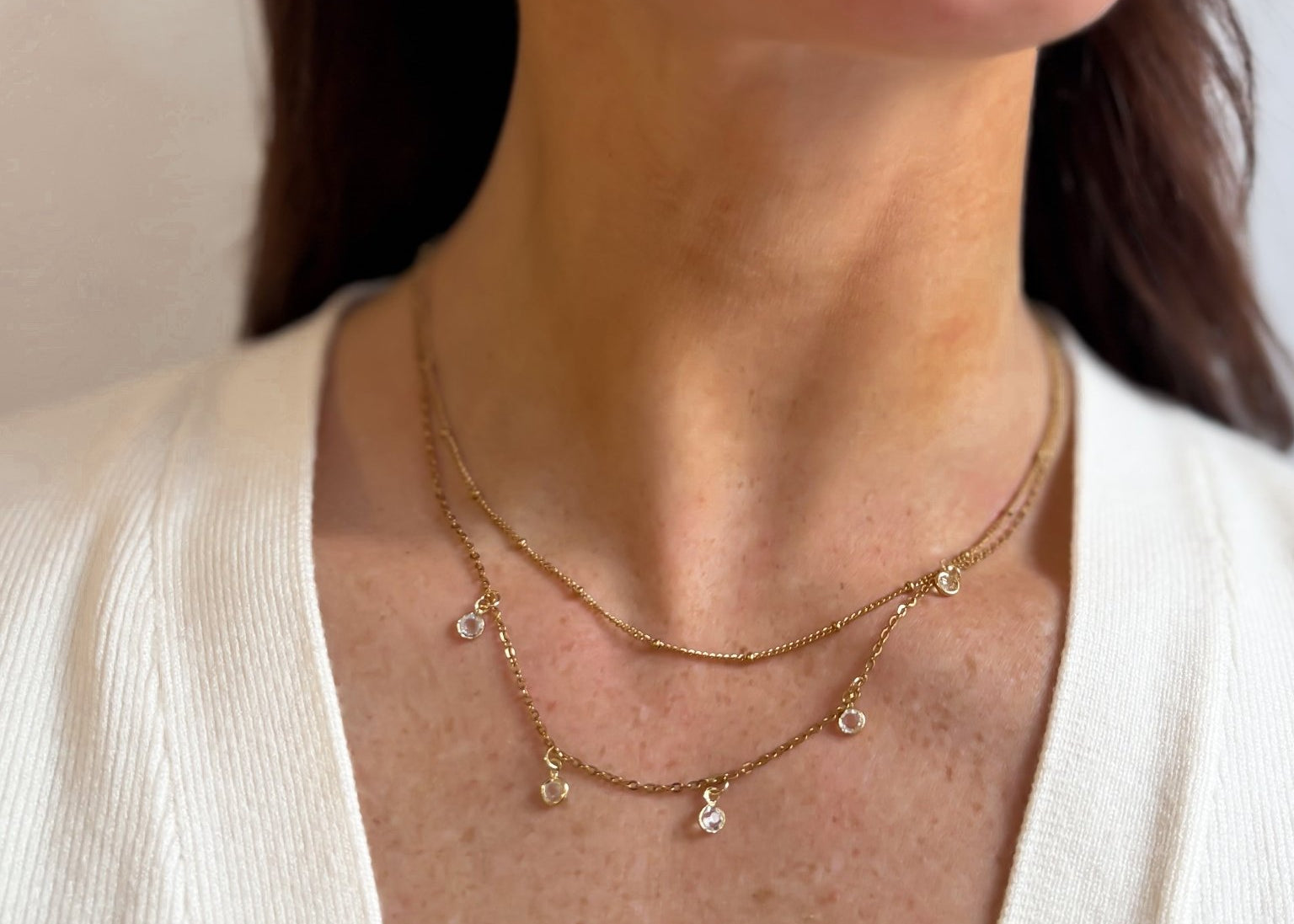 Multi Layer Necklace with Beaded Chain and Drop Rhinestone Charms in 18K Gold Plated Steel - Love and Lee Apparel