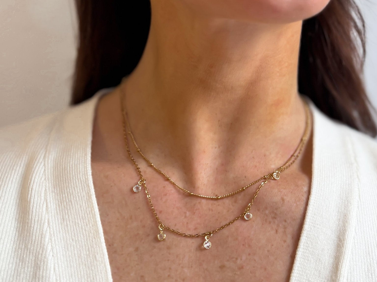 Multi Layer Necklace with Beaded Chain and Drop Rhinestone Charms in 18K Gold Plated Steel - Love and Lee Apparel