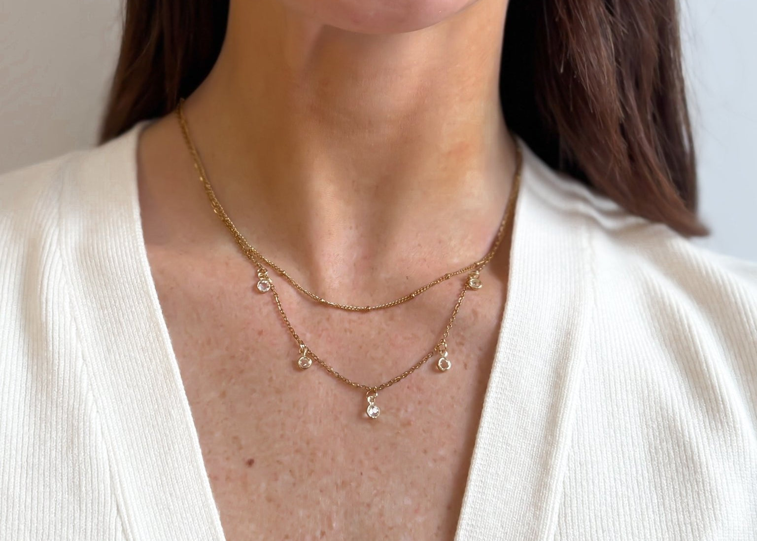 Multi Layer Necklace with Beaded Chain and Drop Rhinestone Charms in 18K Gold Plated Steel - Love and Lee Apparel