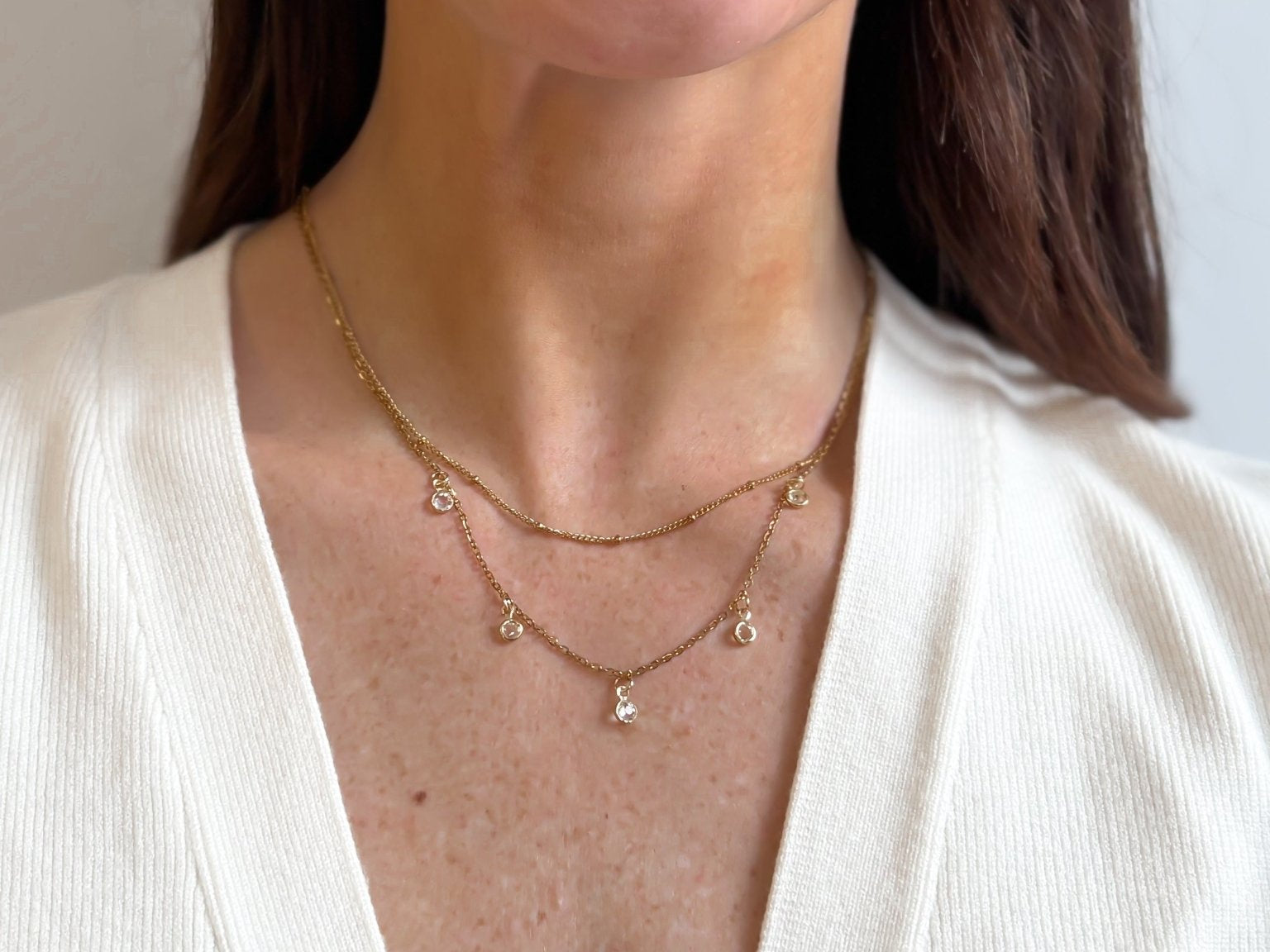 Multi Layer Necklace with Beaded Chain and Drop Rhinestone Charms in 18K Gold Plated Steel - Love and Lee Apparel
