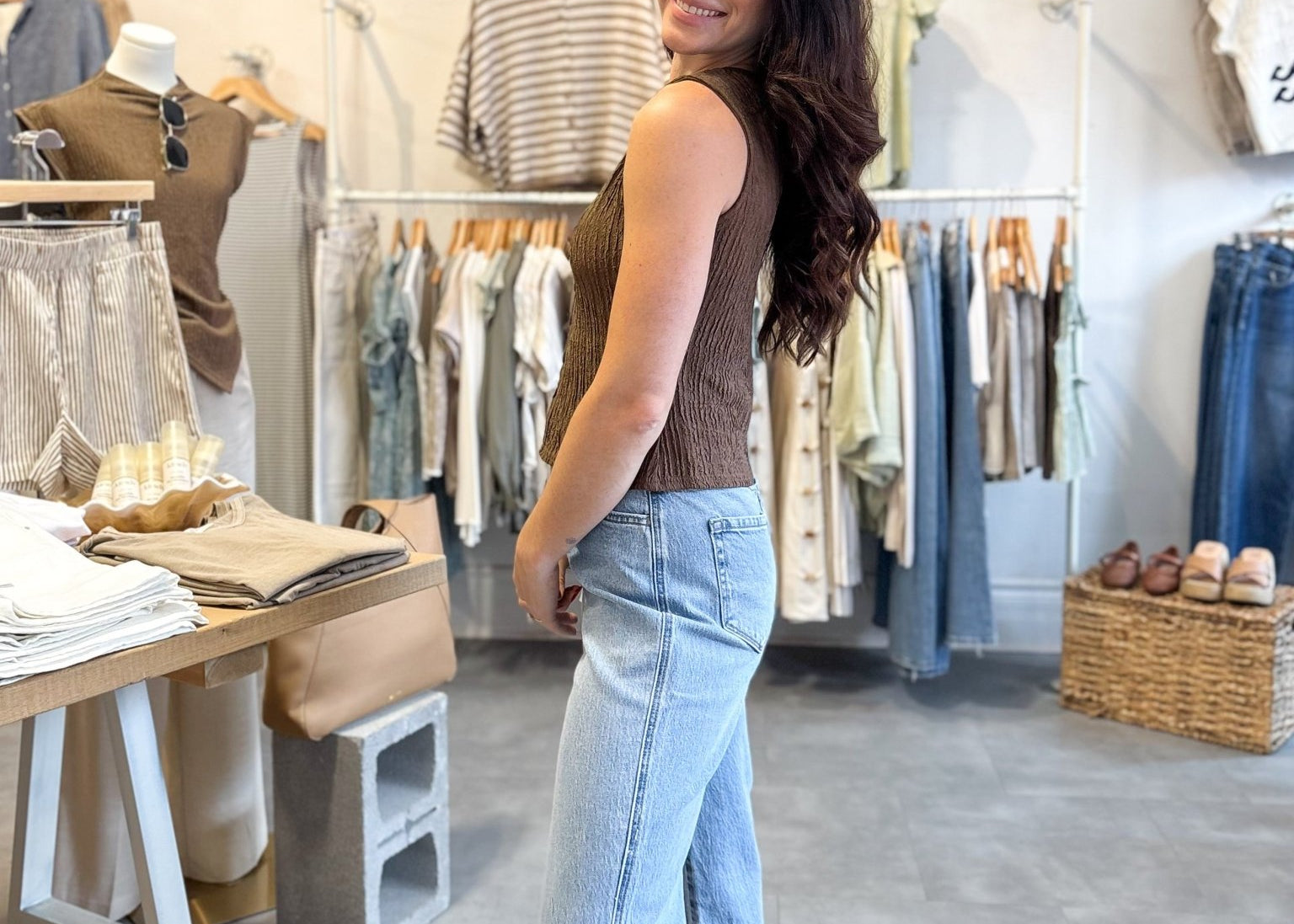 The Maple Textured Mock Button Sleeveless Knit Top in Brown - Love and Lee Apparel