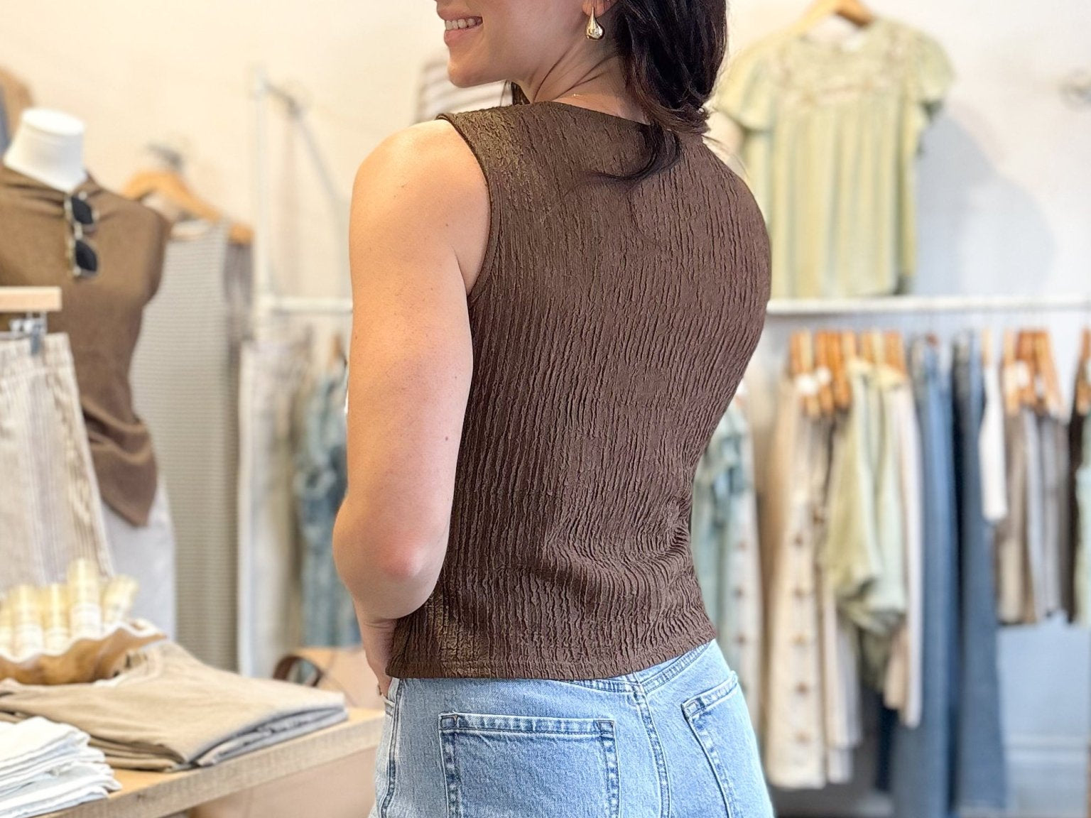 The Maple Textured Mock Button Sleeveless Knit Top in Brown - Love and Lee Apparel