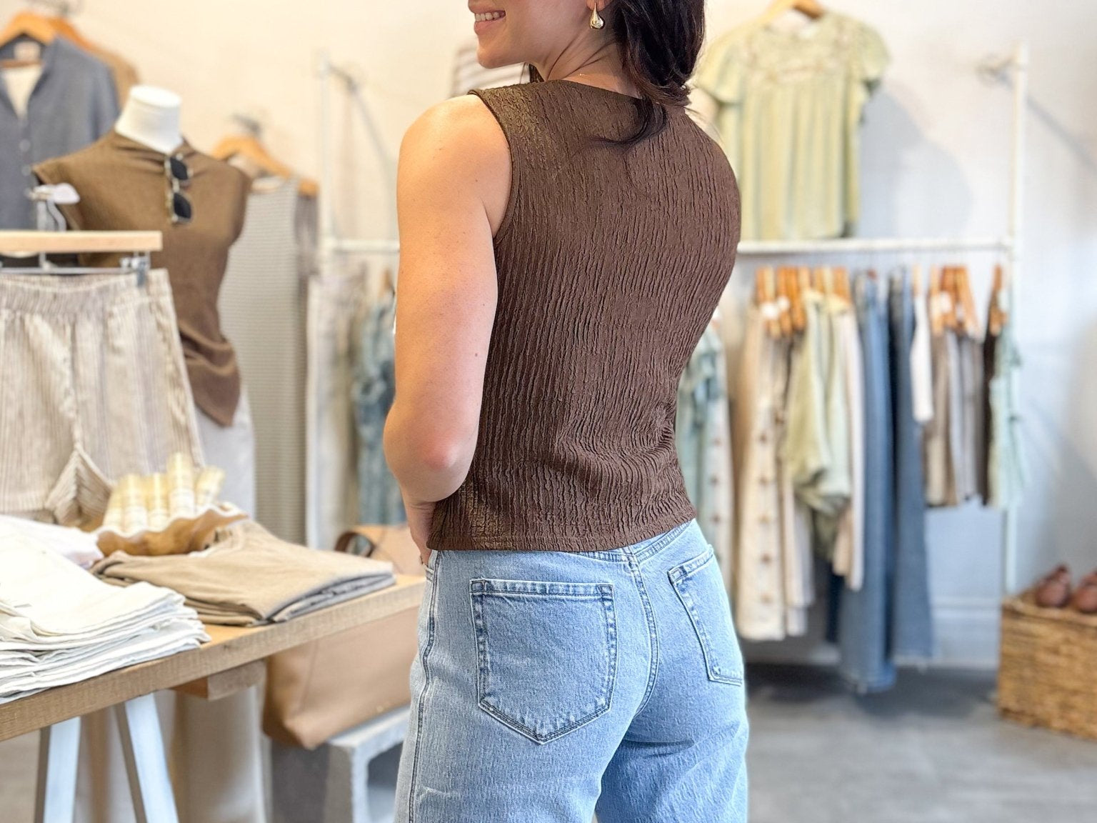 The Maple Textured Mock Button Sleeveless Knit Top in Brown - Love and Lee Apparel