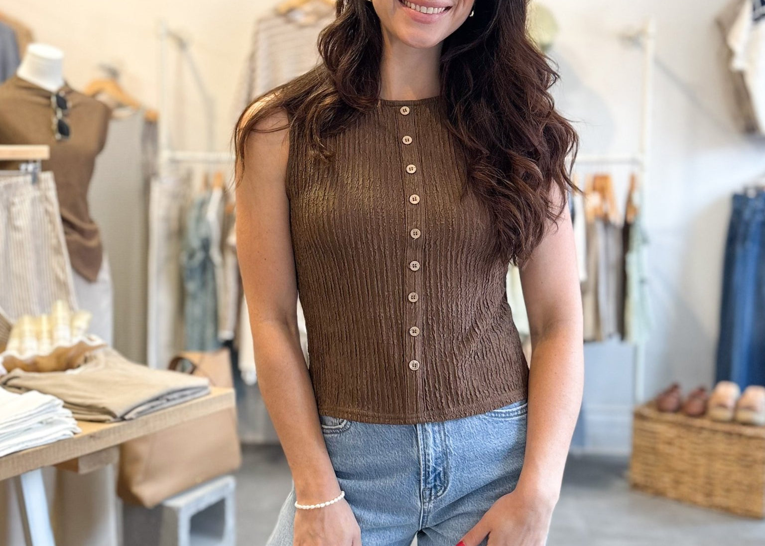 The Maple Textured Mock Button Sleeveless Knit Top in Brown - Love and Lee Apparel