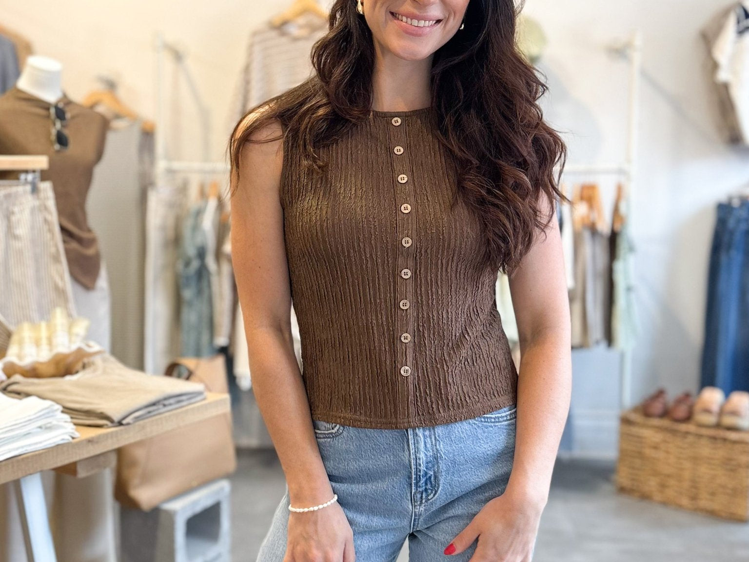 The Maple Textured Mock Button Sleeveless Knit Top in Brown - Love and Lee Apparel