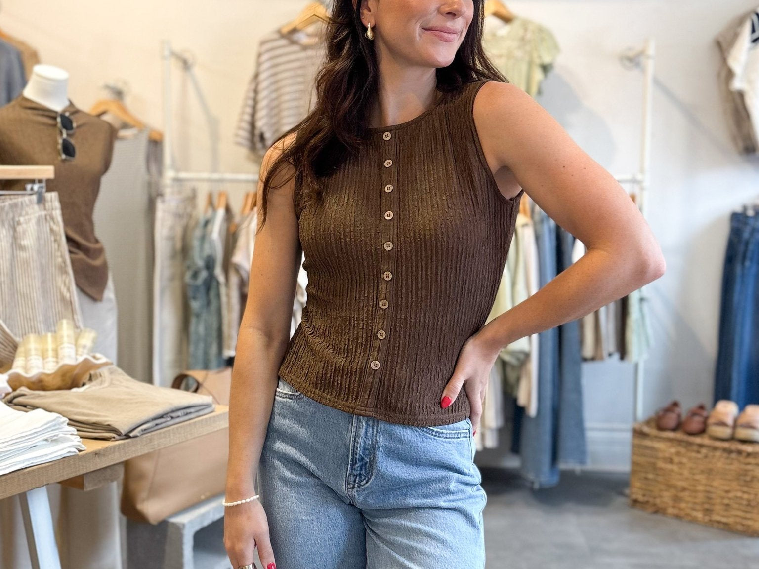 The Maple Textured Mock Button Sleeveless Knit Top in Brown - Love and Lee Apparel