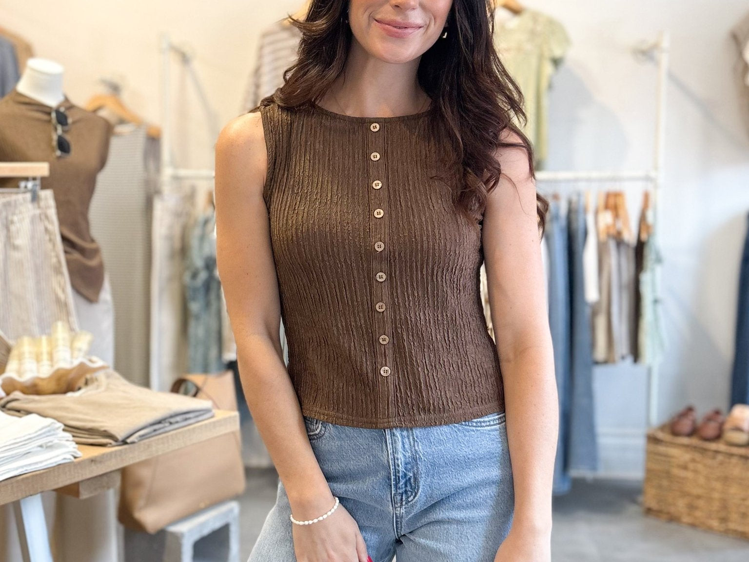 The Maple Textured Mock Button Sleeveless Knit Top in Brown - Love and Lee Apparel