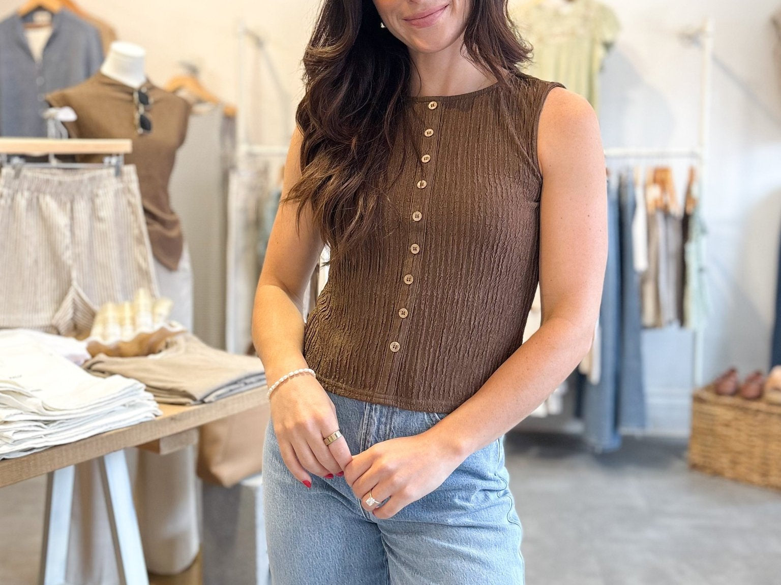 The Maple Textured Mock Button Sleeveless Knit Top in Brown - Love and Lee Apparel