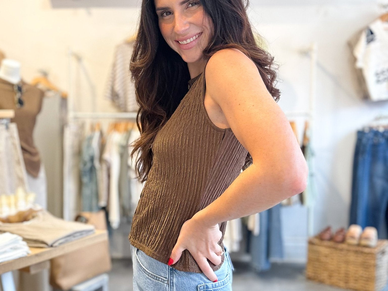 The Maple Textured Mock Button Sleeveless Knit Top in Brown - Love and Lee Apparel