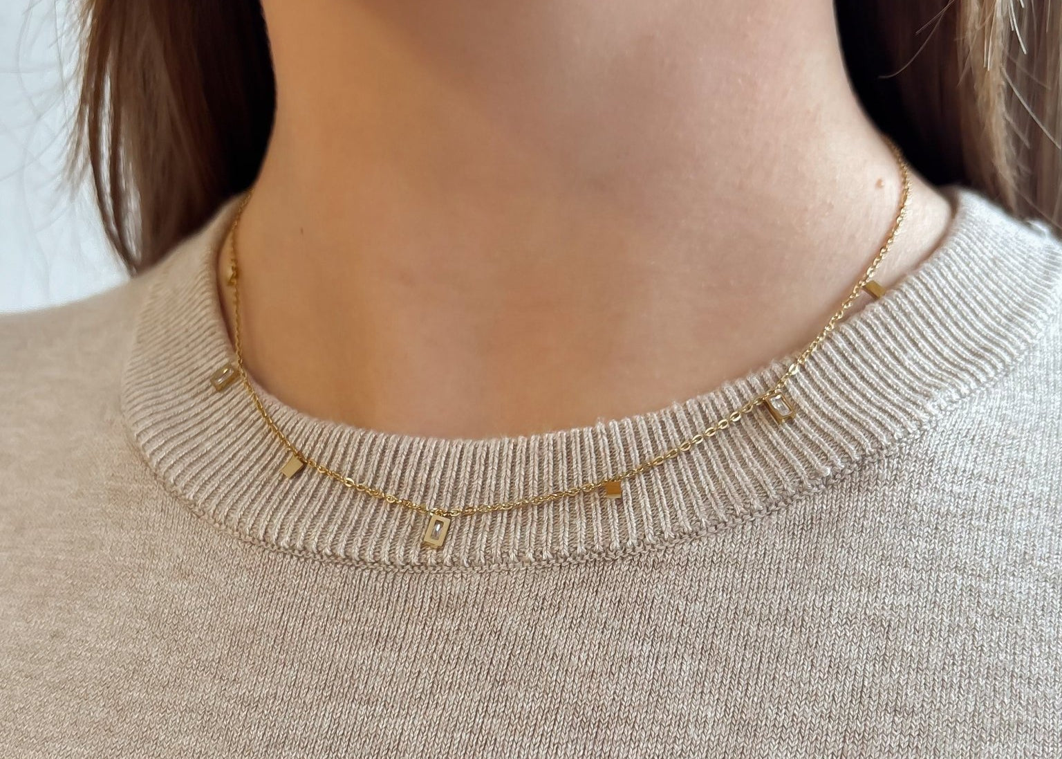 Dainty Chain Necklace with Emerald Cut Drop Charms in 18k Gold Plated Stainless Steel - Love and Lee Apparel