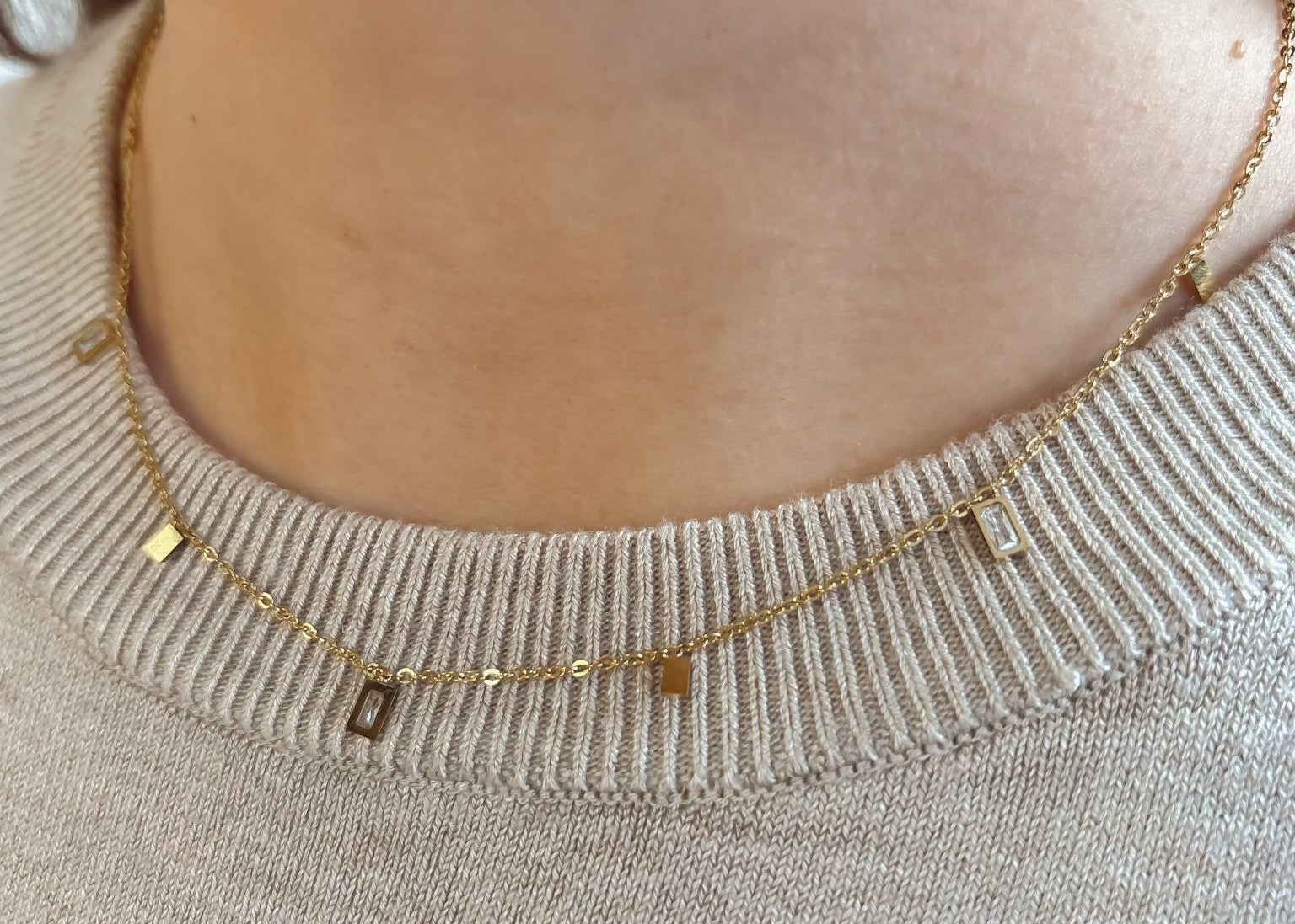 Dainty Chain Necklace with Emerald Cut Drop Charms in 18k Gold Plated Stainless Steel - Love and Lee Apparel