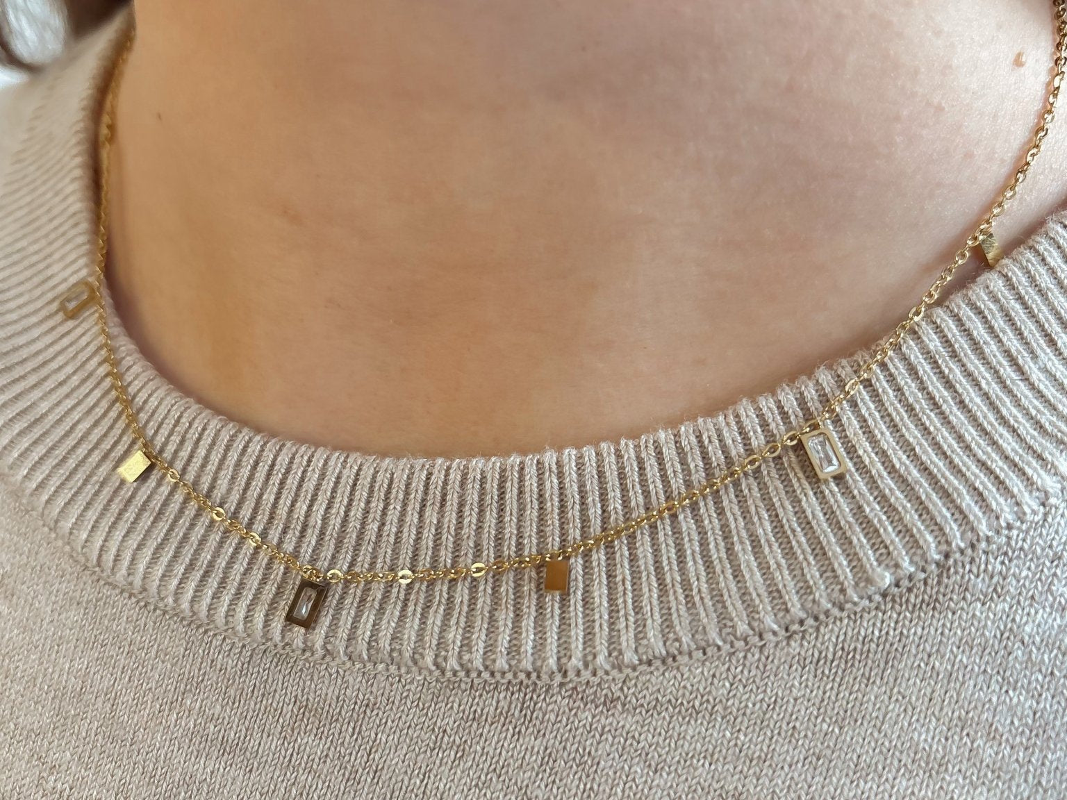 Dainty Chain Necklace with Emerald Cut Drop Charms in 18k Gold Plated Stainless Steel - Love and Lee Apparel