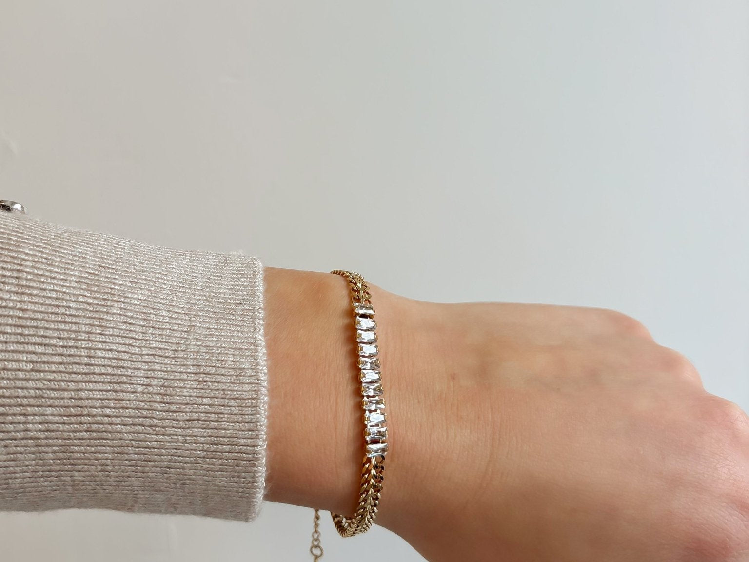 Tennis Bracelet with Braided Chain - links and Emerald Cut Rhinestones - 18K Gold Plated - Love and Lee Apparel