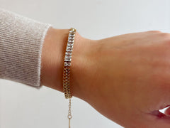 Tennis Bracelet with Braided Chain - links and Emerald Cut Rhinestones - 18K Gold Plated - Love and Lee Apparel
