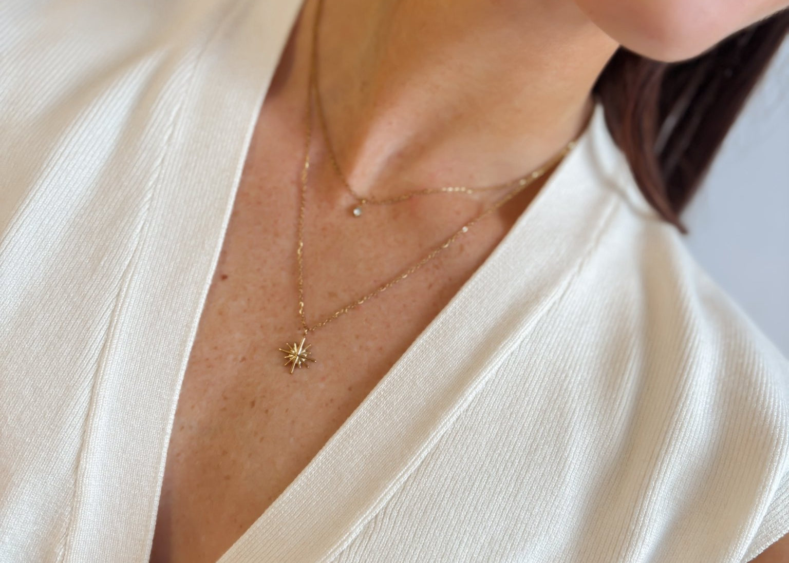 Double Layered Dainty Chain Necklace with Starburst & Rhinestone Pendant - 18K Gold Plated - Love and Lee Apparel