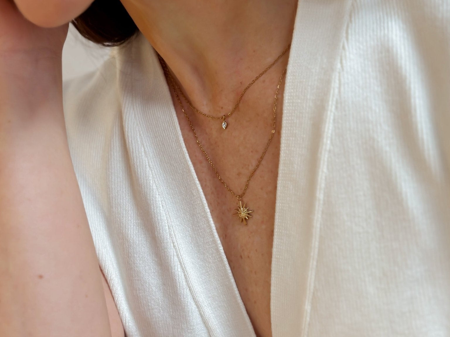 Double Layered Dainty Chain Necklace with Starburst & Rhinestone Pendant - 18K Gold Plated - Love and Lee Apparel