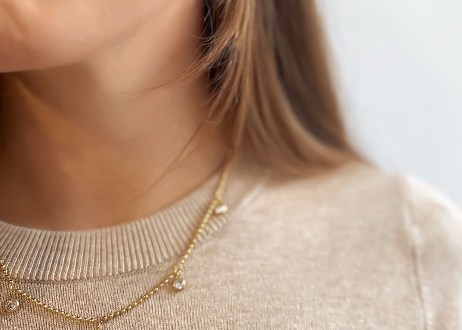 Beaded Chain Necklace with Drop Rhinestone Charm - 18K Gold Plated Steel - Love and Lee Apparel