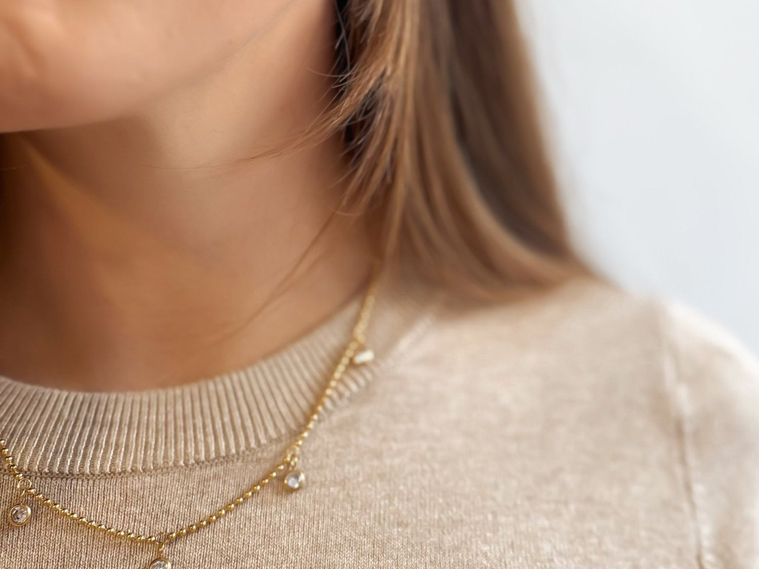 Beaded Chain Necklace with Drop Rhinestone Charm - 18K Gold Plated Steel - Love and Lee Apparel