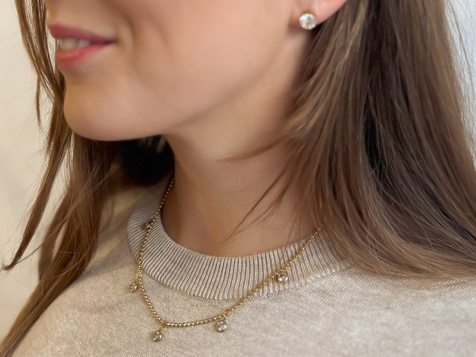 Beaded Chain Necklace with Drop Rhinestone Charm - 18K Gold Plated Steel - Love and Lee Apparel