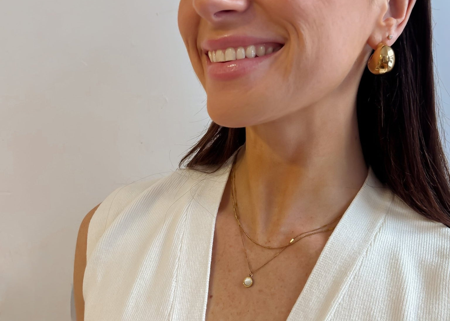 Double Layered Necklace with Dainty Chain and Opal Disc Charm - 18K Gold Plated - Love and Lee Apparel