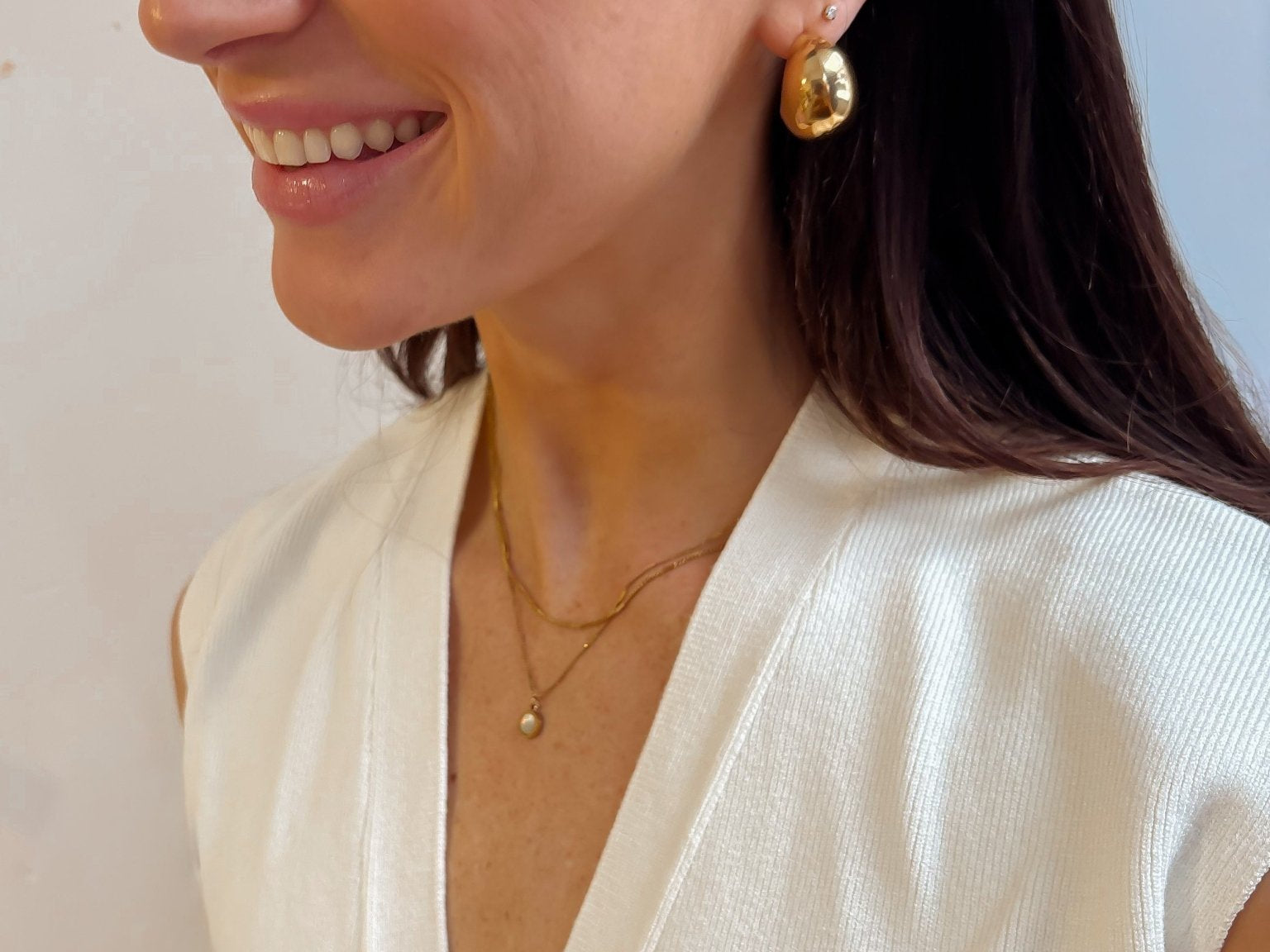 Double Layered Necklace with Dainty Chain and Opal Disc Charm - 18K Gold Plated - Love and Lee Apparel