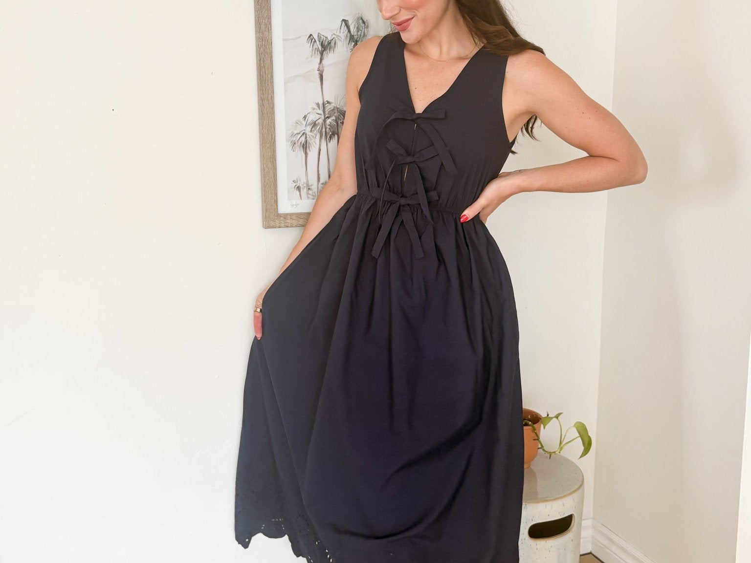 A European Summer Bow Tie Sleeveless Eyelet Hem Midi Dress in Navy - Love and Lee Apparel
