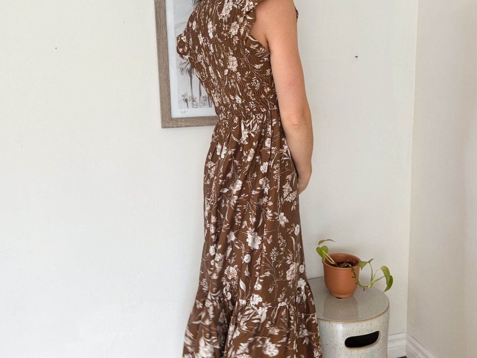Villa Vacation Floral Smocked V Neck Button Down Midi Dress - Love and Lee Apparel