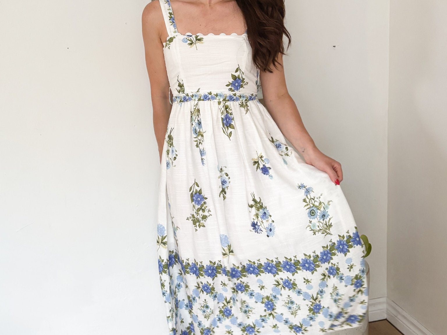 The Santorini Sunset Floral Border Pattern Belt Strap Midi Dress - Love and Lee Apparel