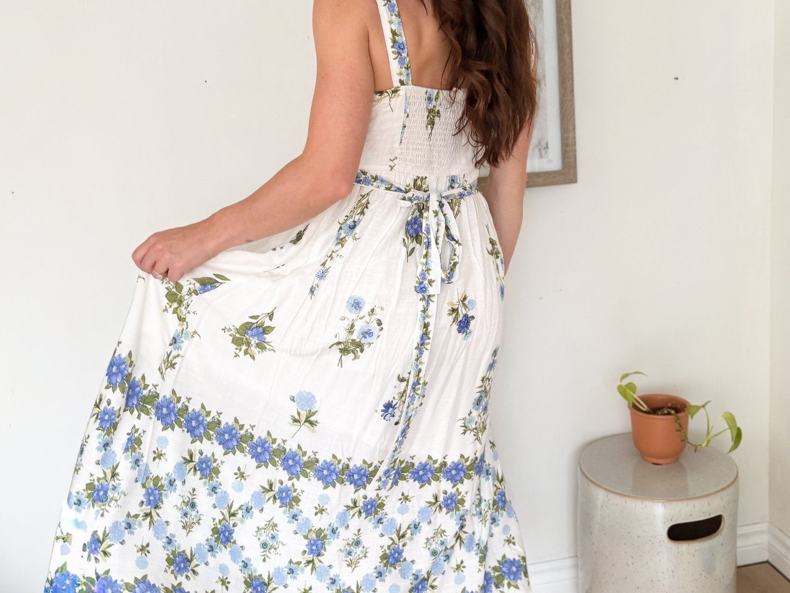 The Santorini Sunset Floral Border Pattern Belt Strap Midi Dress - Love and Lee Apparel