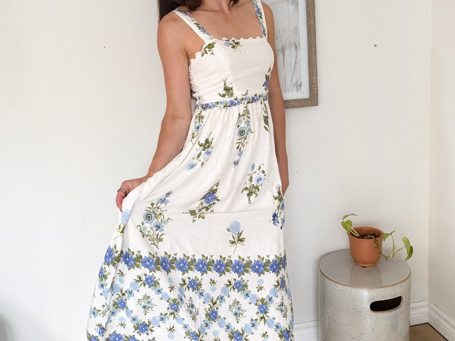 The Santorini Sunset Floral Border Pattern Belt Strap Midi Dress - Love and Lee Apparel